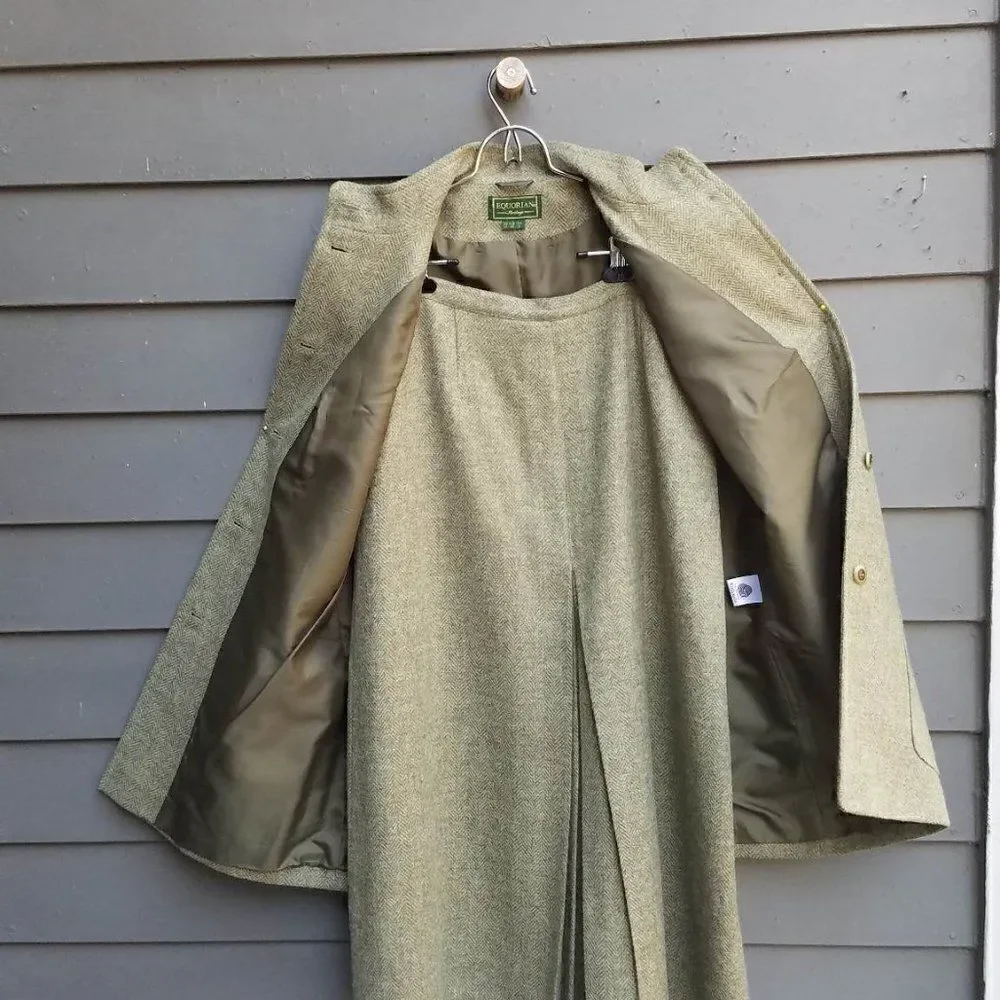 Equorian Heritage Wool Green Herringbone Skirt Suit Set size 12